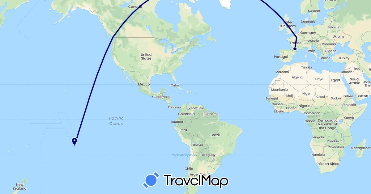 TravelMap itinerary: driving in Canada, France (Europe, North America)