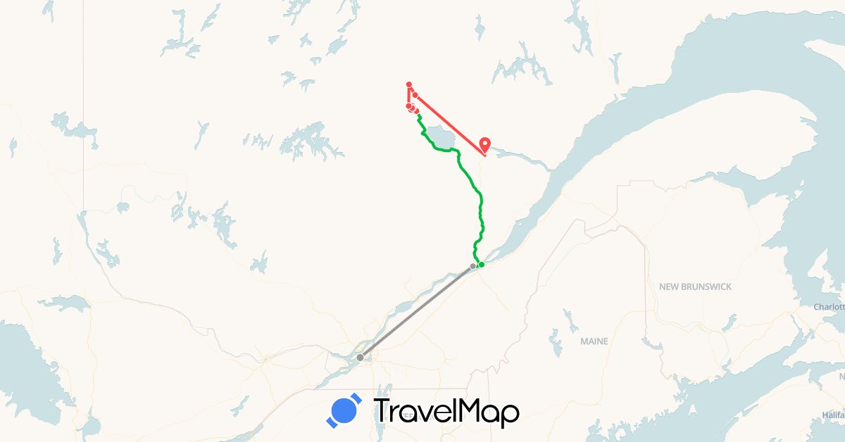 TravelMap itinerary: driving, bus, plane, hiking in Canada (North America)
