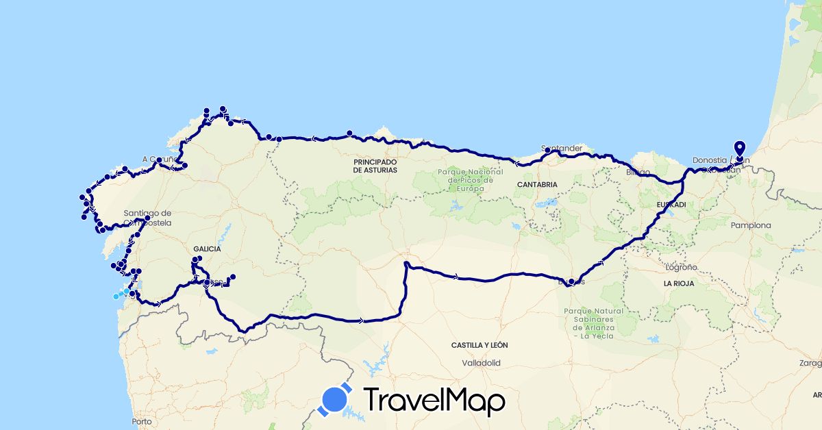 TravelMap itinerary: driving, boat in Spain, France (Europe)